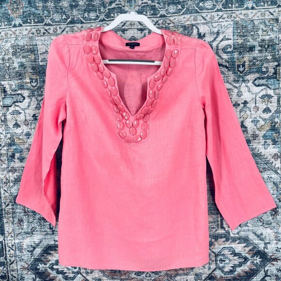 Talbots Pink Linen Top Size S  Beaded Trim V Neck 3/4 Sleeve Tunic - Picture 1 of 10